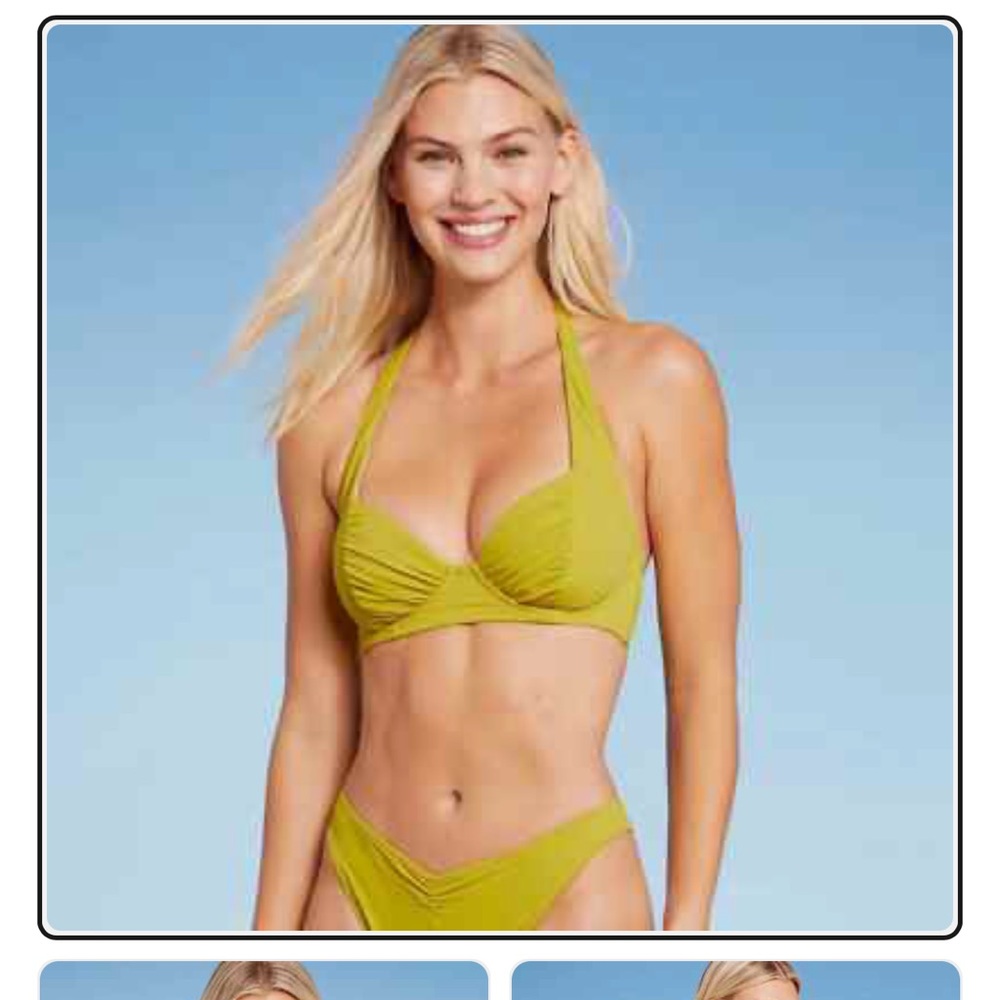Shade & Shore Women's Shirred Cup Halter Bikini Top Chartreuse 34 D bottom M